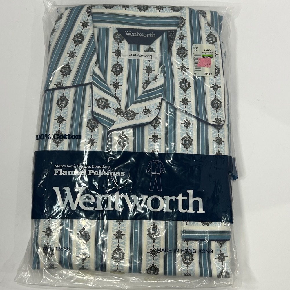Vintage Wentworth Sanforized Mens Flannel Pajamas Blue Stripe Set Large New